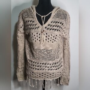Hannah Women's Beige V-Neck Beaded Hooded Tassel Sweater SZ. M